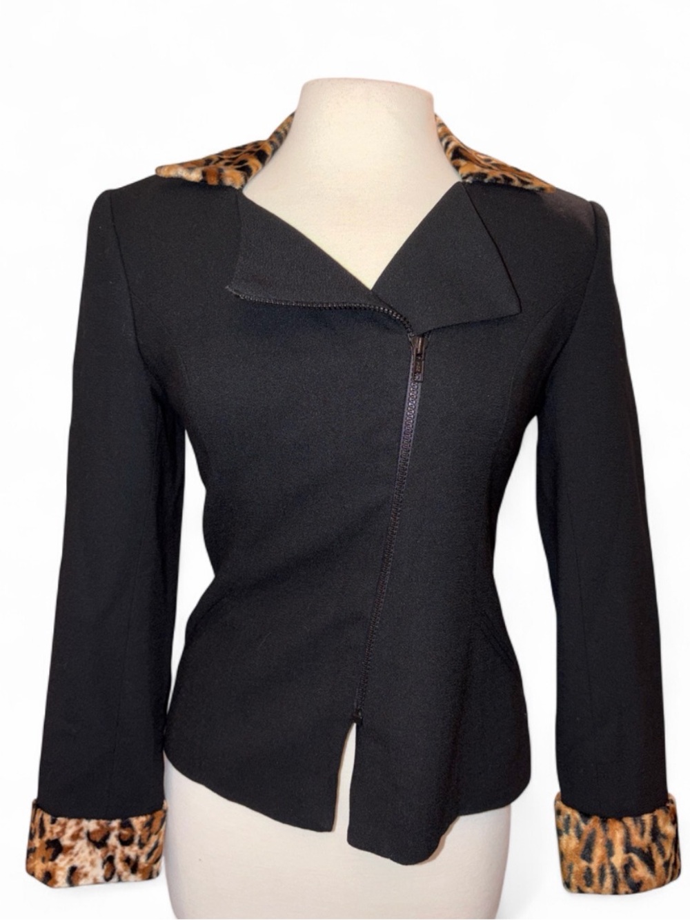 Vintage 90s Taiga Paris Black 100% Wool Blazer Jacket with Leopard Trim - Size 6